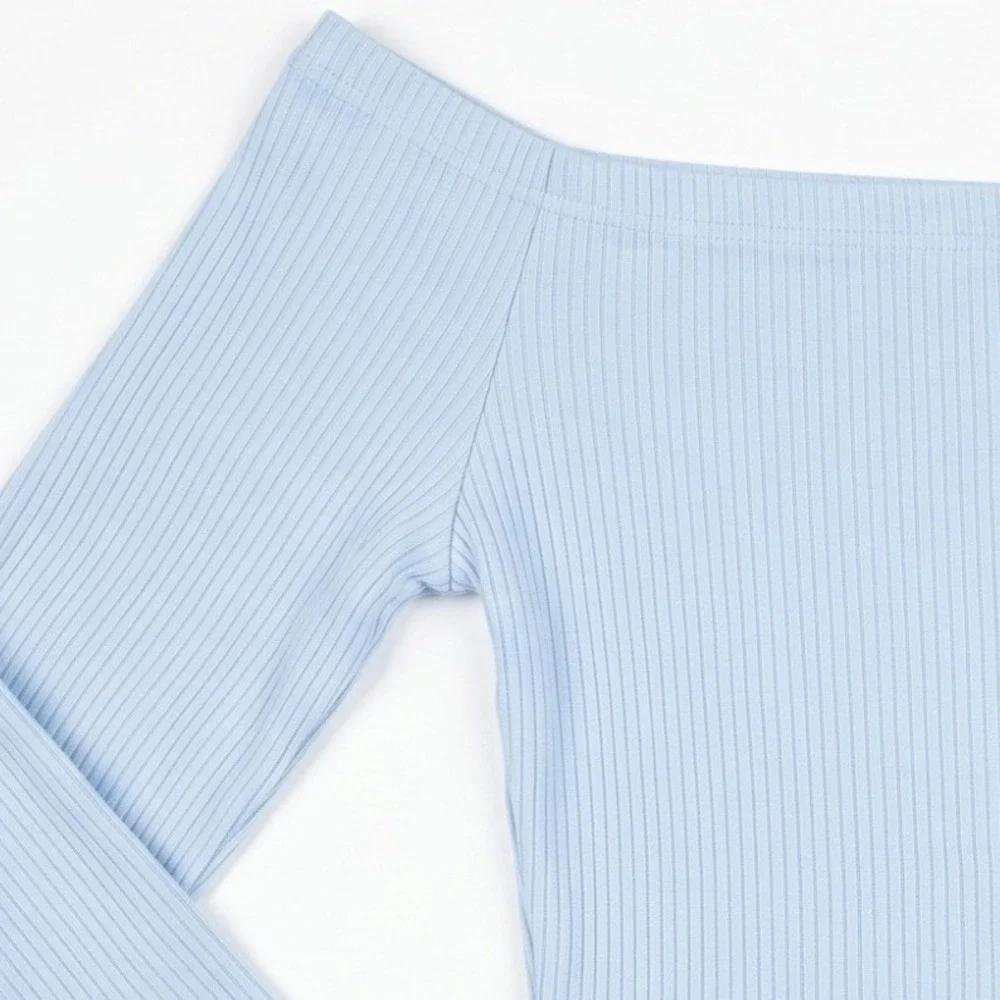 Anthropologie‎ Mable Womens S Light Blue Ribbed Ruched Off Shoulder Crop Top